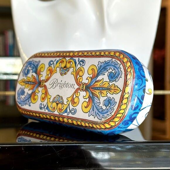 Vtg Brighton White Hardshell Metal Glasses Sunglasses Case Blue Yellow Filigree - Picture 10 of 12